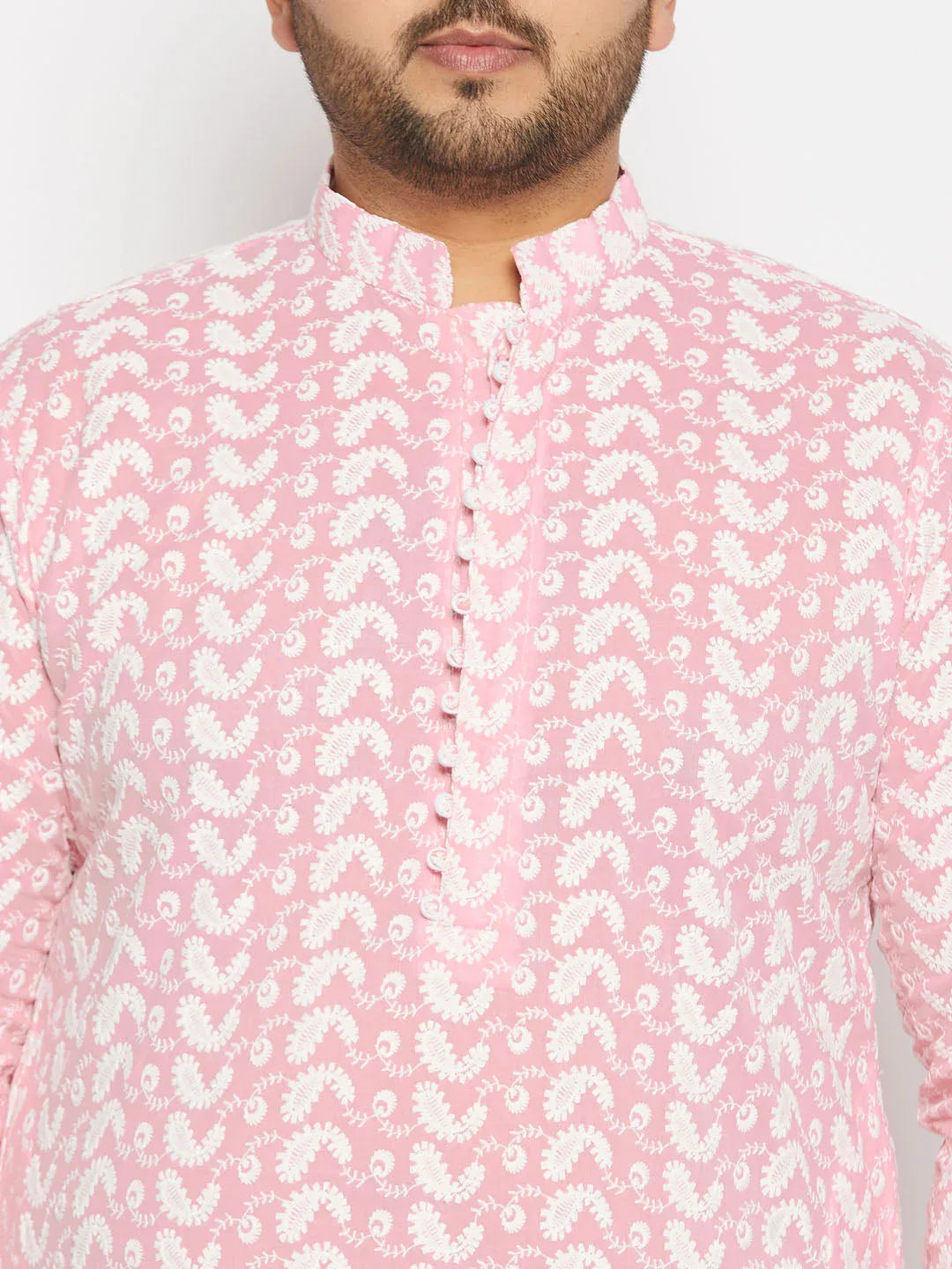 Men's Plus Size Pink Chikankari Embroidered Kurta And Cream Patiala Set