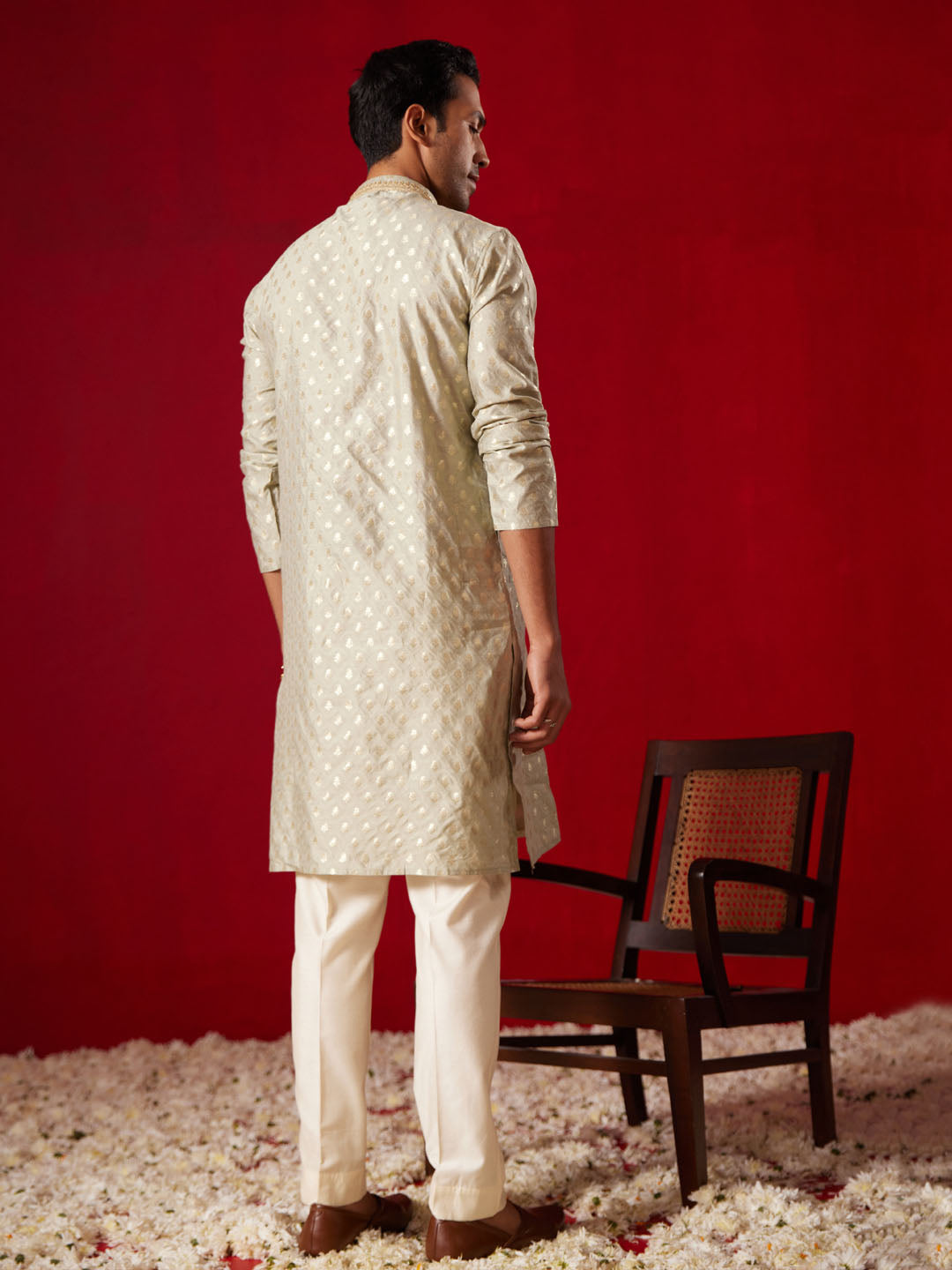 Me's Green Silk Blend Jacquard Kurta With Pant Set