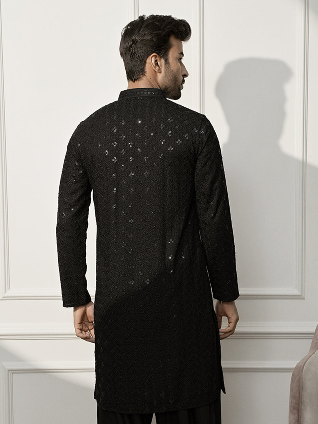 Men Black Rayon Sequin & Thread Embroidered Festive Kurta