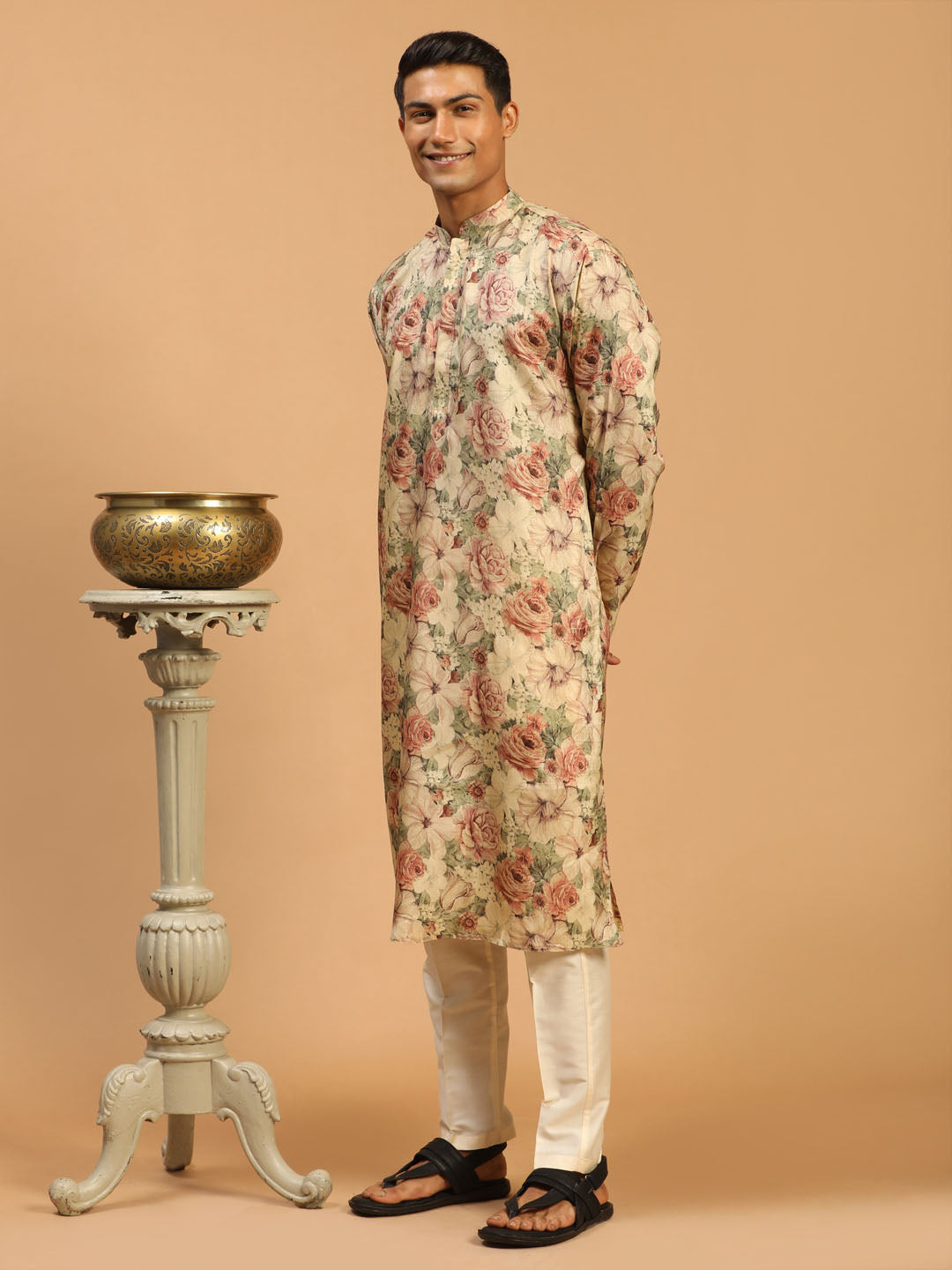 Men's Beige Floral Printed Kurta With Cream Solid Pant Style Viscose Pyjama Set