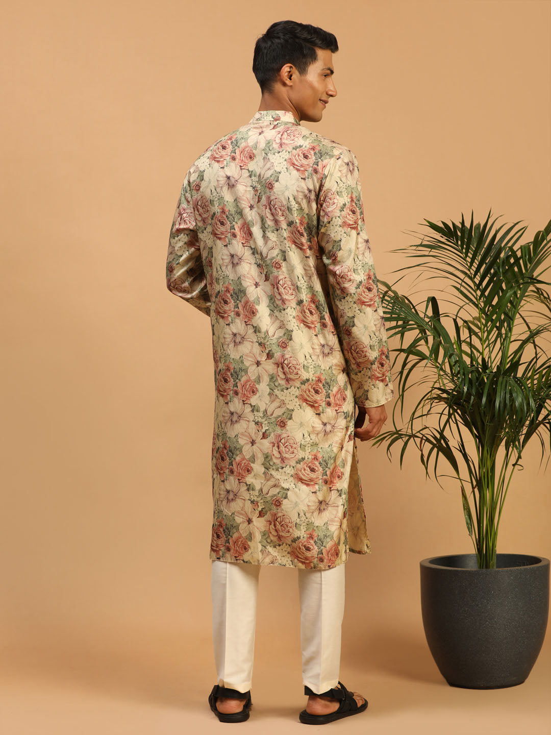 Men's Beige Floral Printed Kurta With Cream Solid Pant Style Viscose Pyjama Set