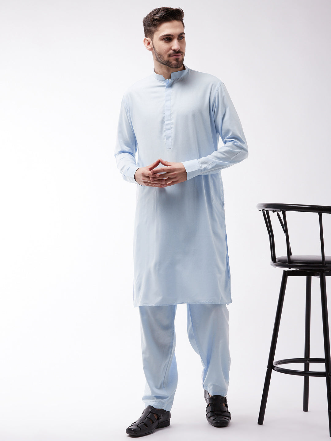 Men's Blue Cotton Blend Kurta and Pyjama Set