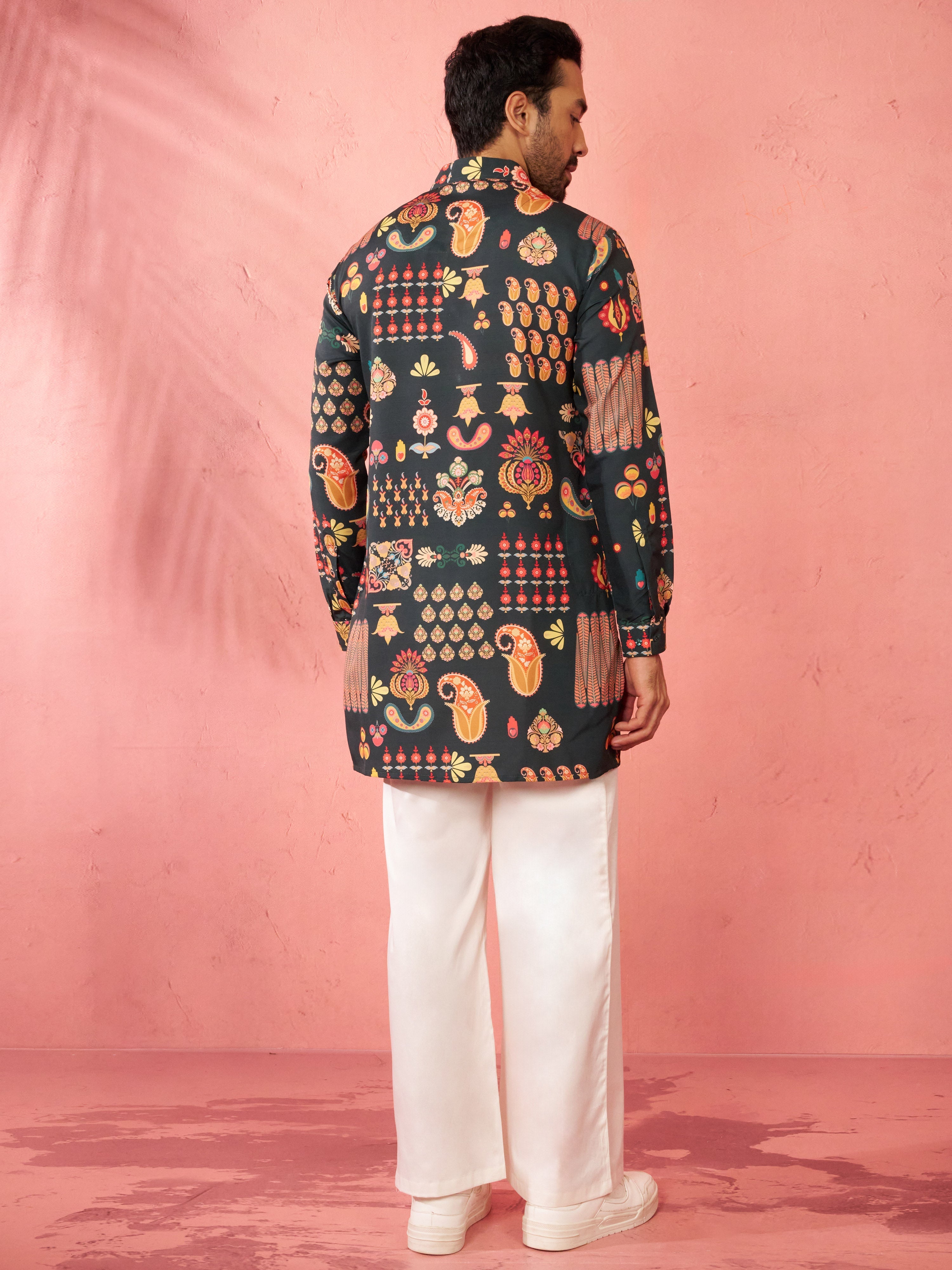 Men's Bottle Green Digital Print Kurta with Cream Palazzo Set