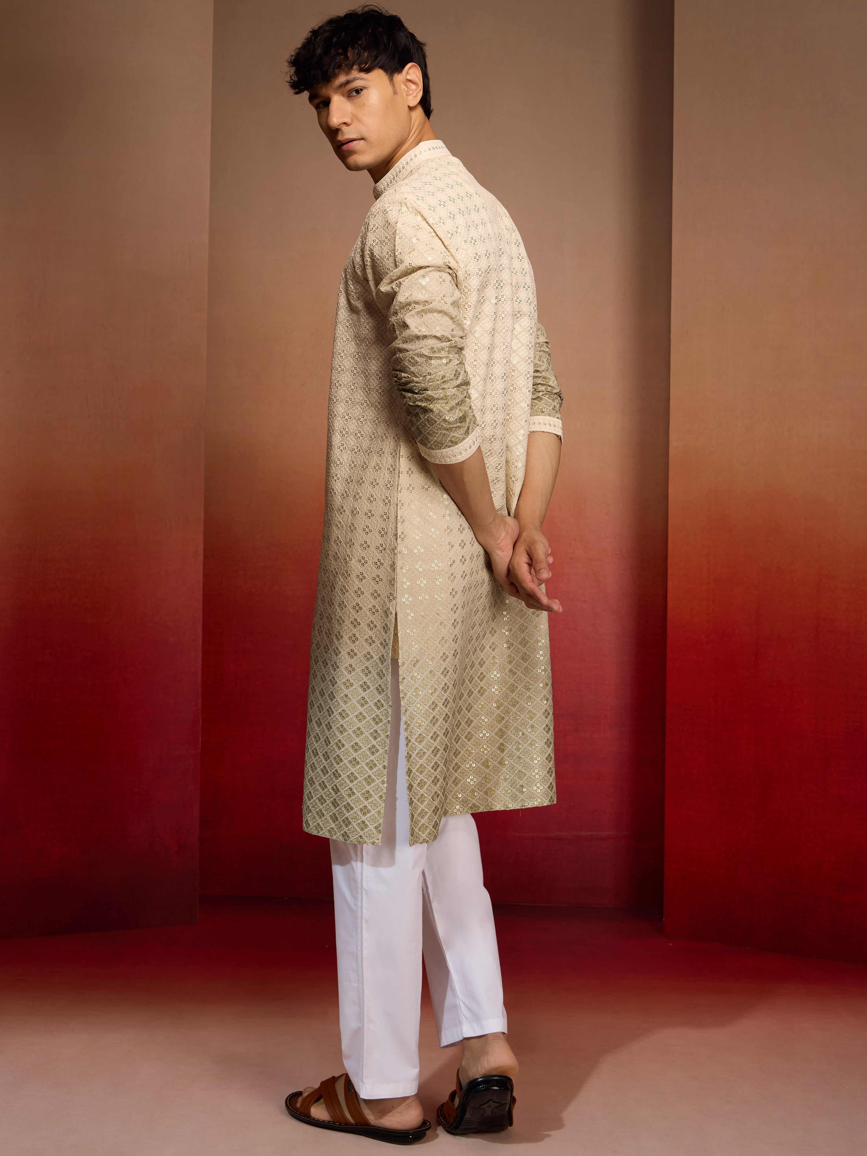 Men's Green Cotton Sequin Ombre Kurta with White Trousers