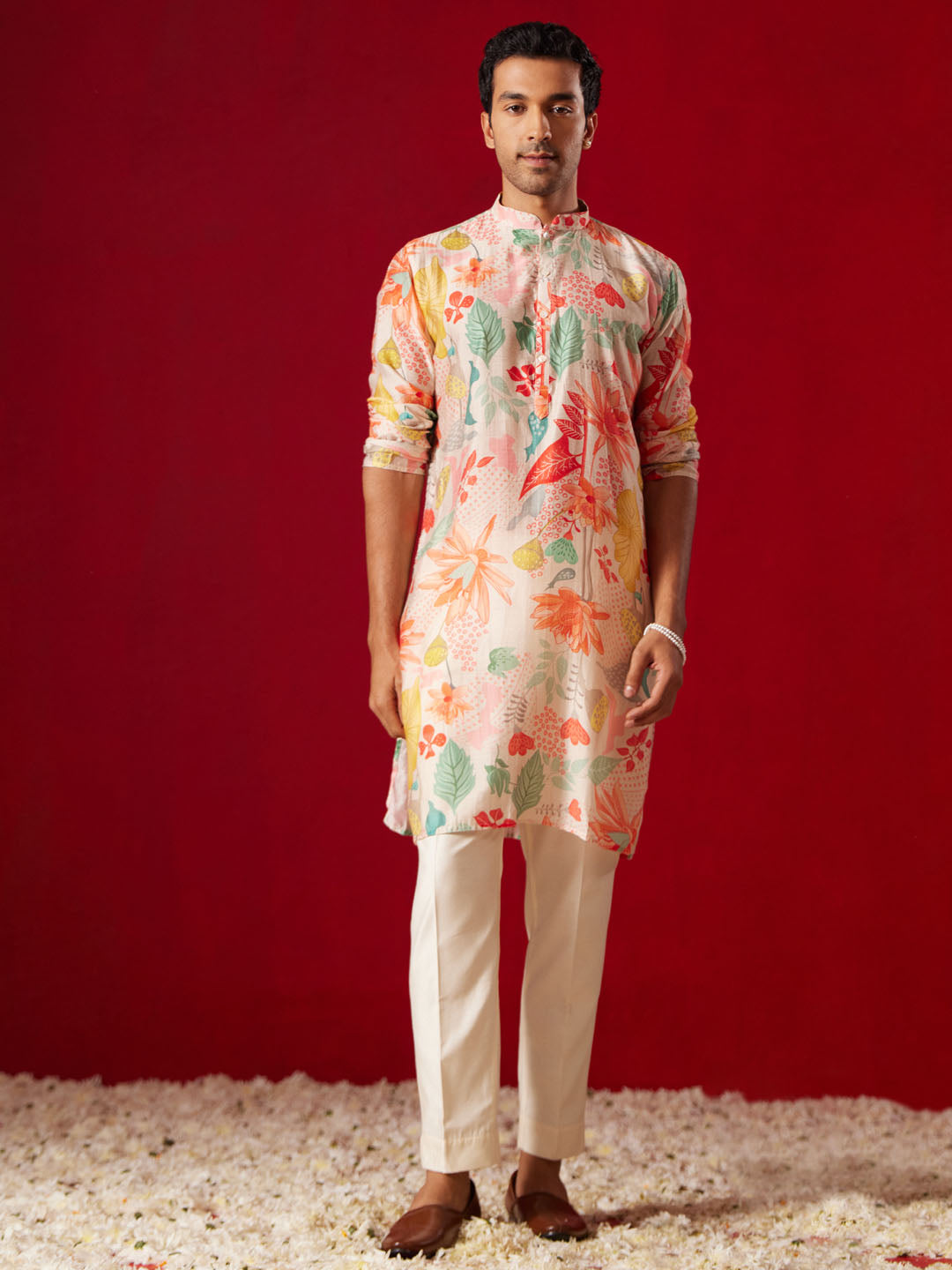 Men's Multi Color Base Pink Cotton Blend Kurta Pyjama Set