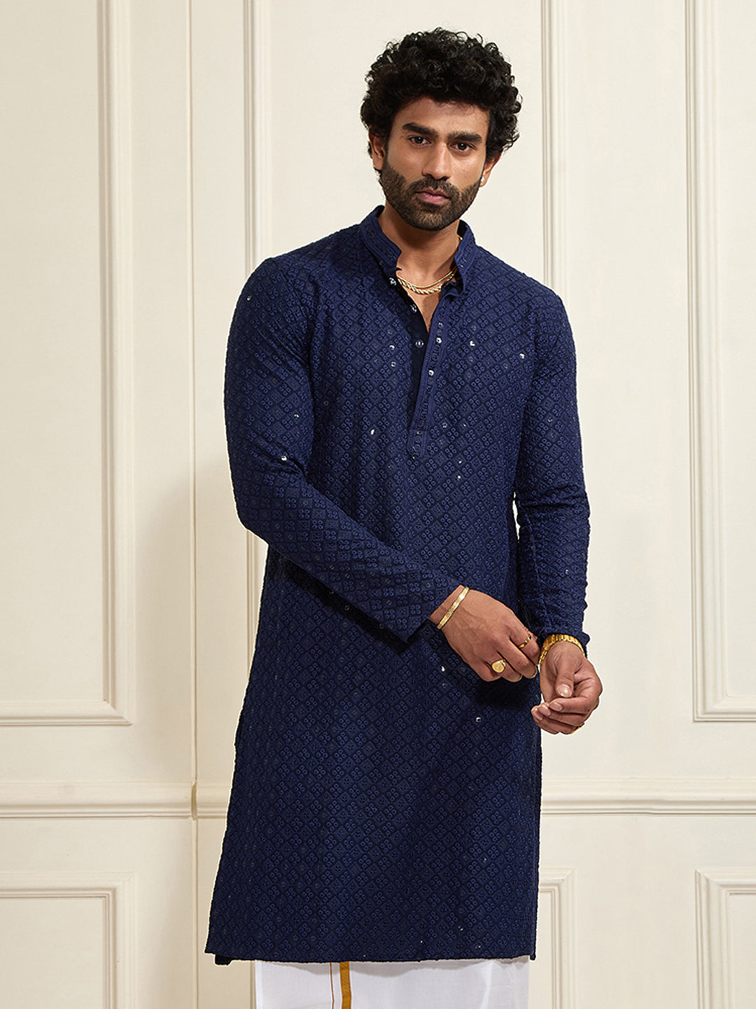 Men's Navy Blue Rayon Schiffli Kurta