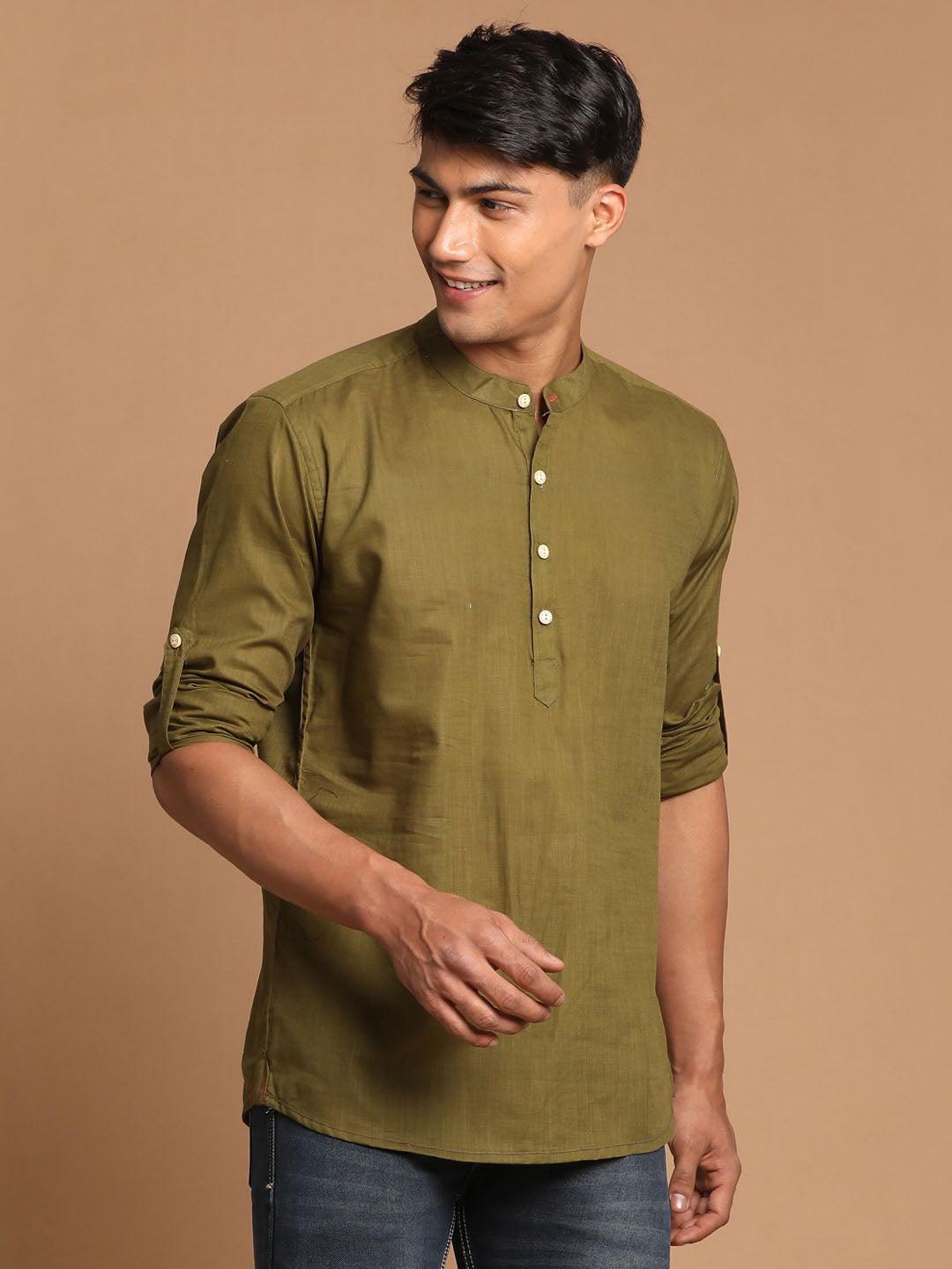 Men's Olive Green Short Cotton Kurta
