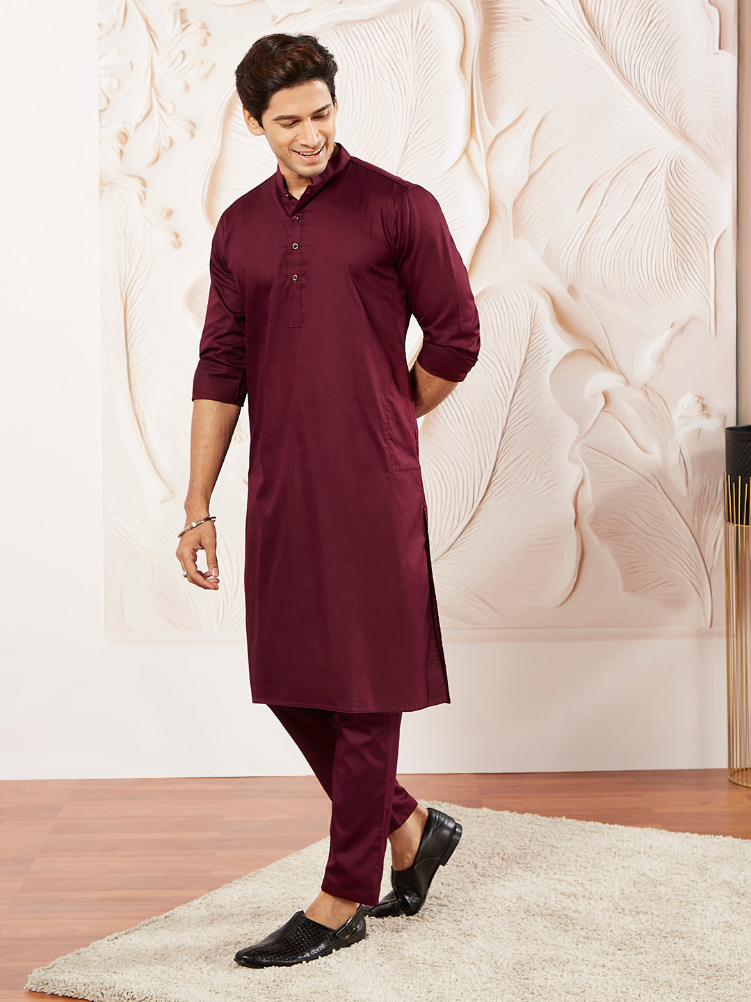 Men's Wine Cotton Blend Kurta Pyjama Set