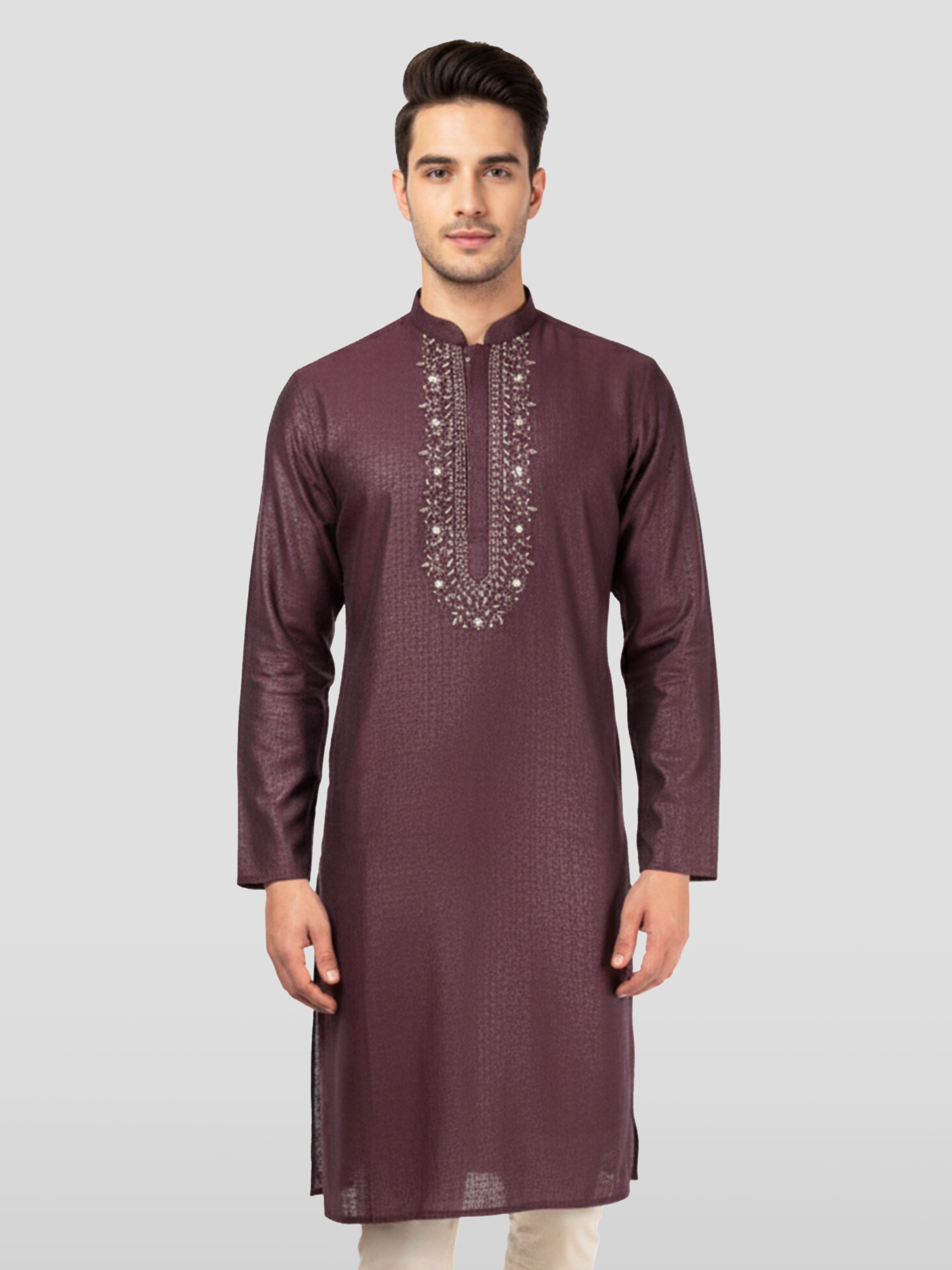 Men's Wine Emboss Silk Kurta