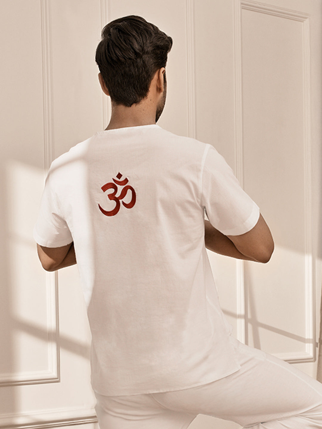 Men White Cambric Cotton Yoga Kurta With Om Embroidery
