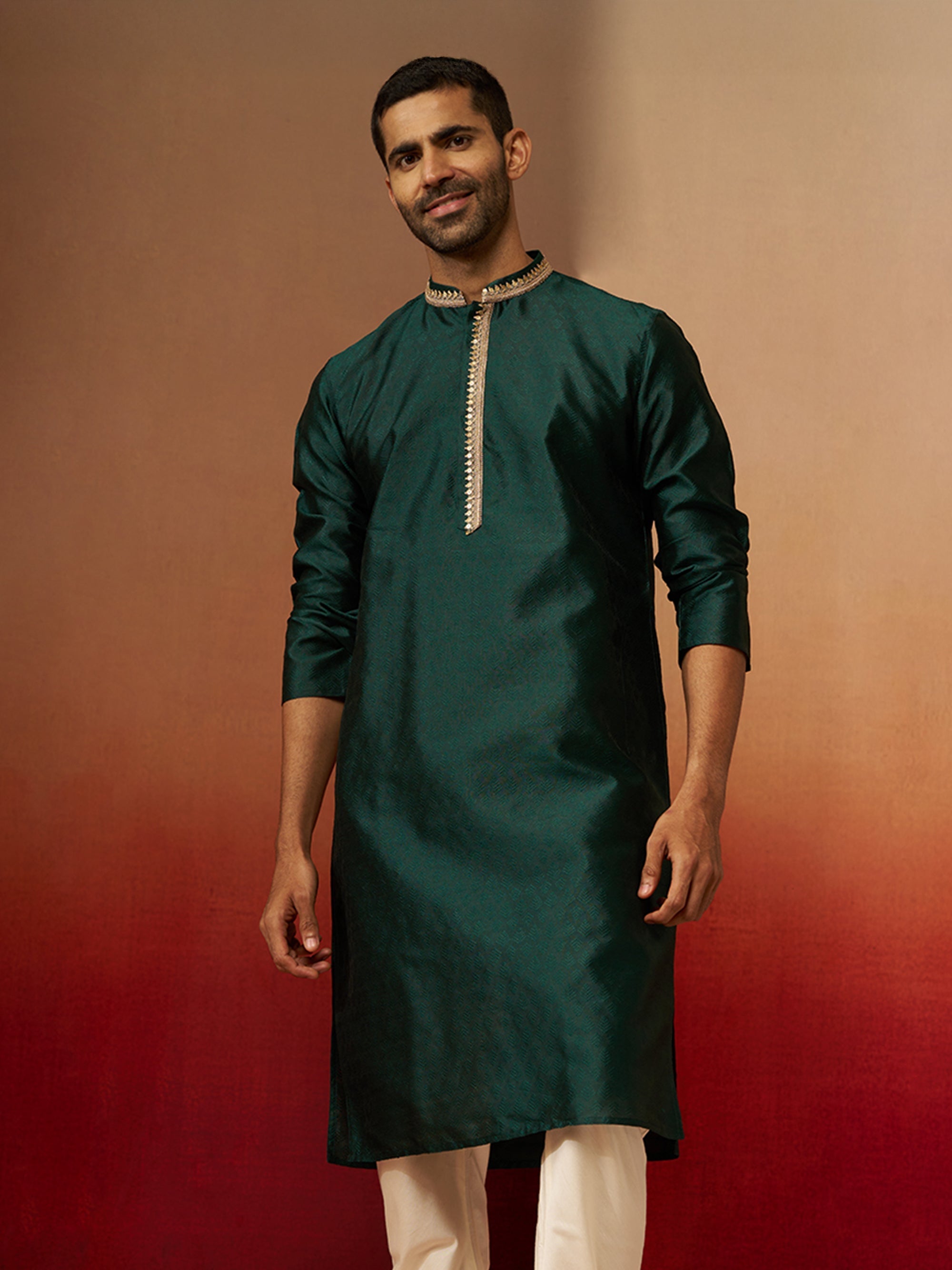 Vastramay Men Bottle Green Silk Anmol Jacquard Kurta