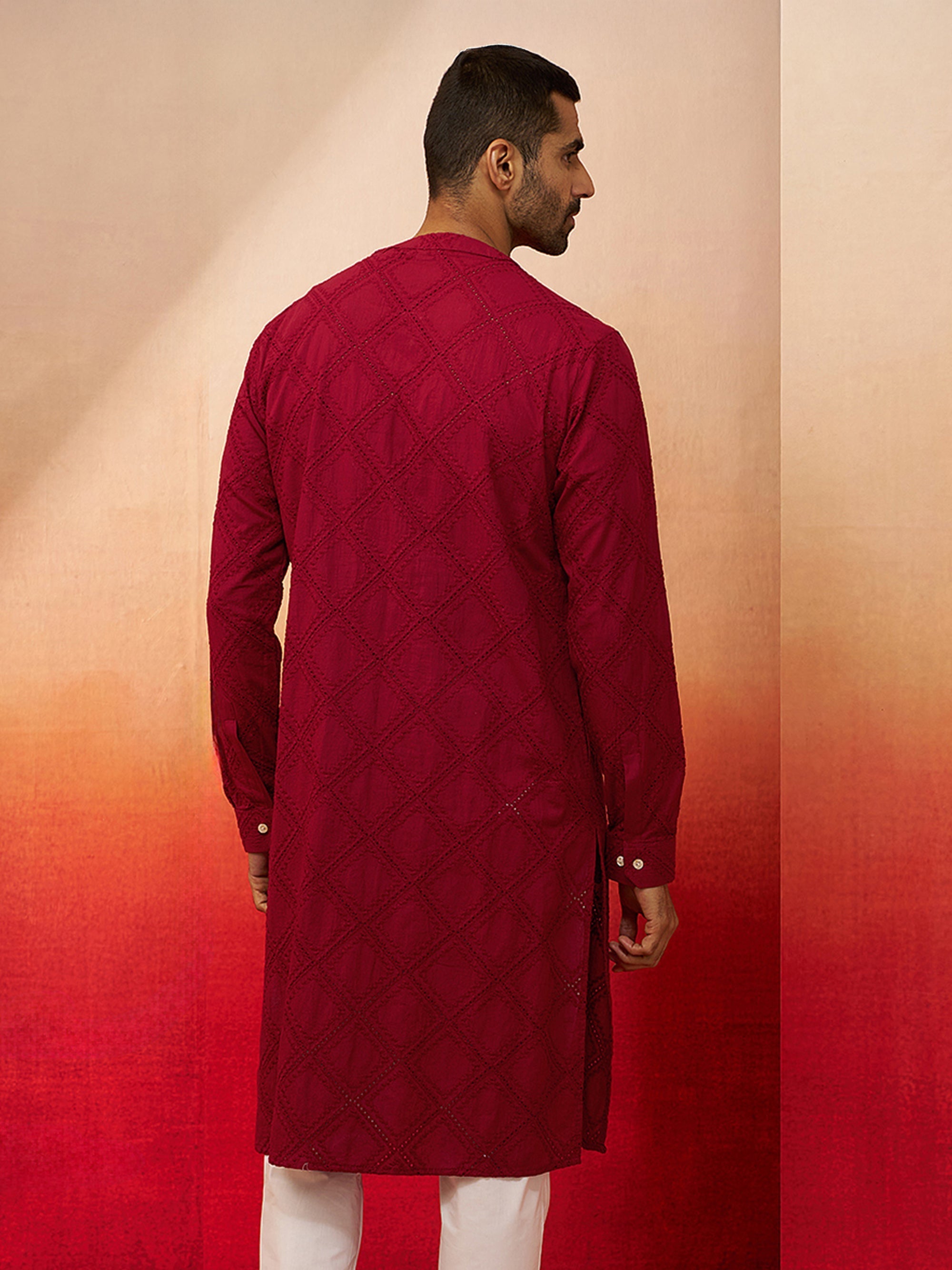 Vastramay Men Red Cotton Band Collar Kurta