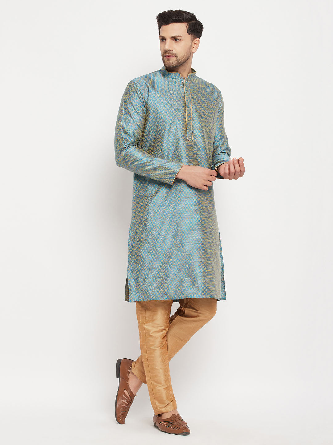 VASTRAMAY Men's Aqua Blue Silk Blend Kurta