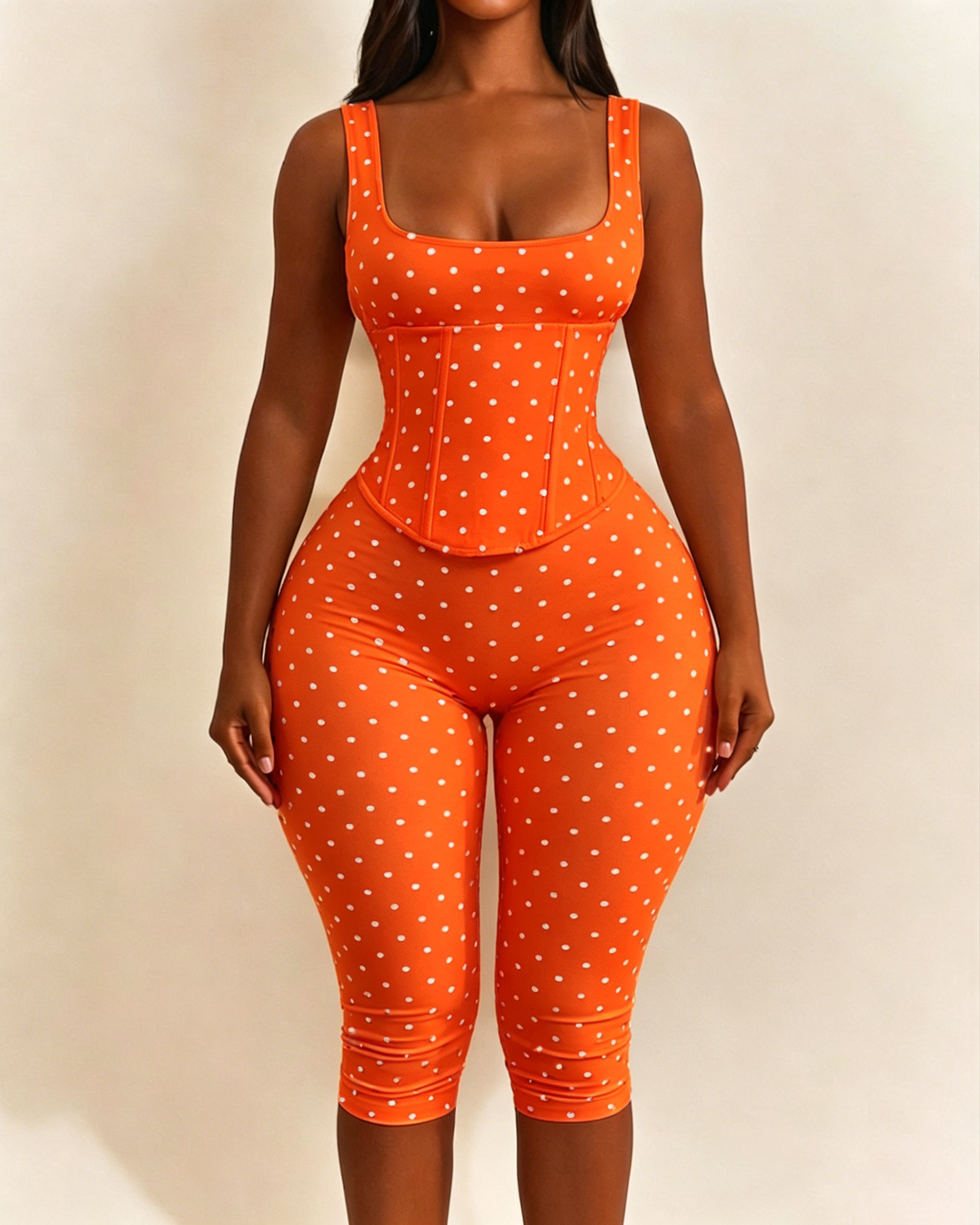 Polka Dot Square Neck Capri Jumpsuit with Hourglass Detachable Corset Two-Piece Set  - By Qivii