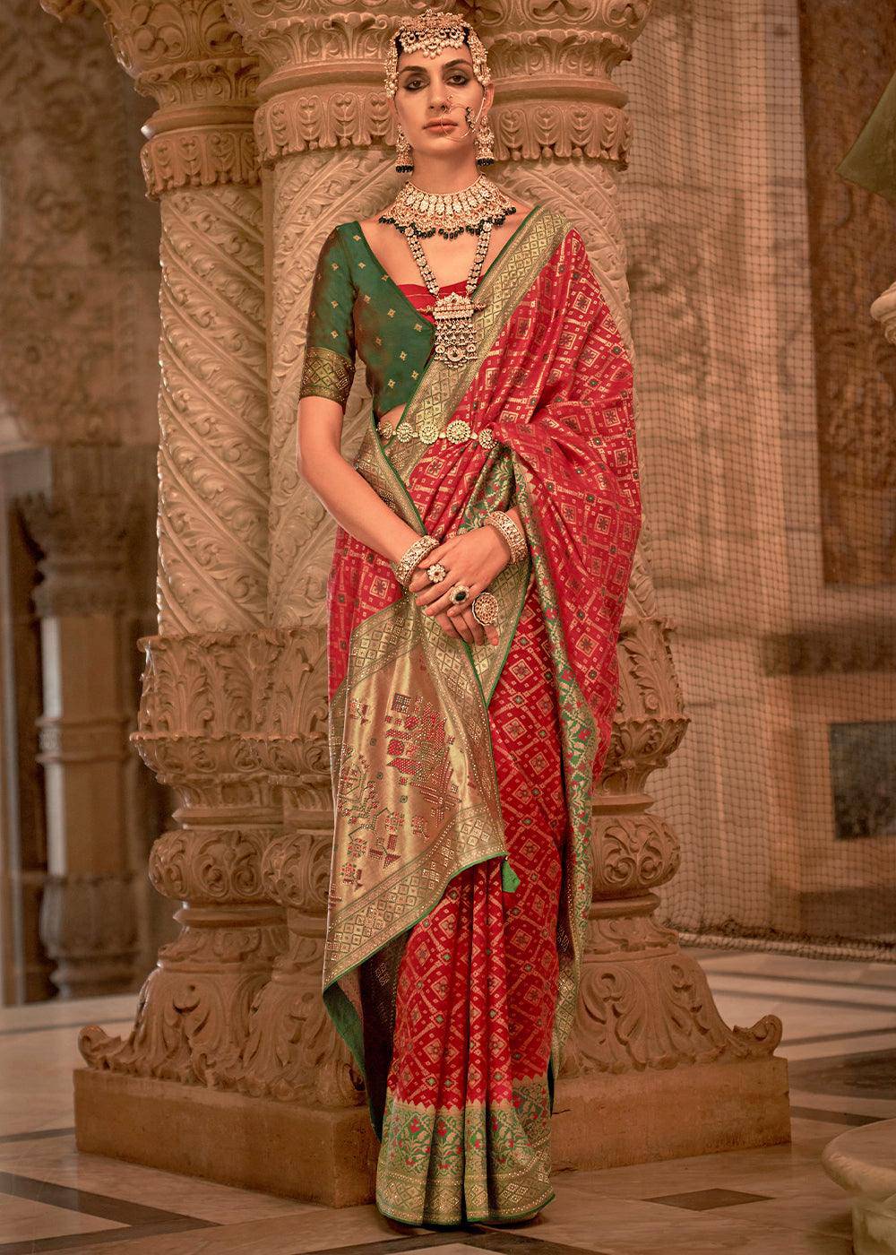 Venetian Red Banarasi Jacquard Silk Saree with Swarvoski work | Stitched Blouse - qivii