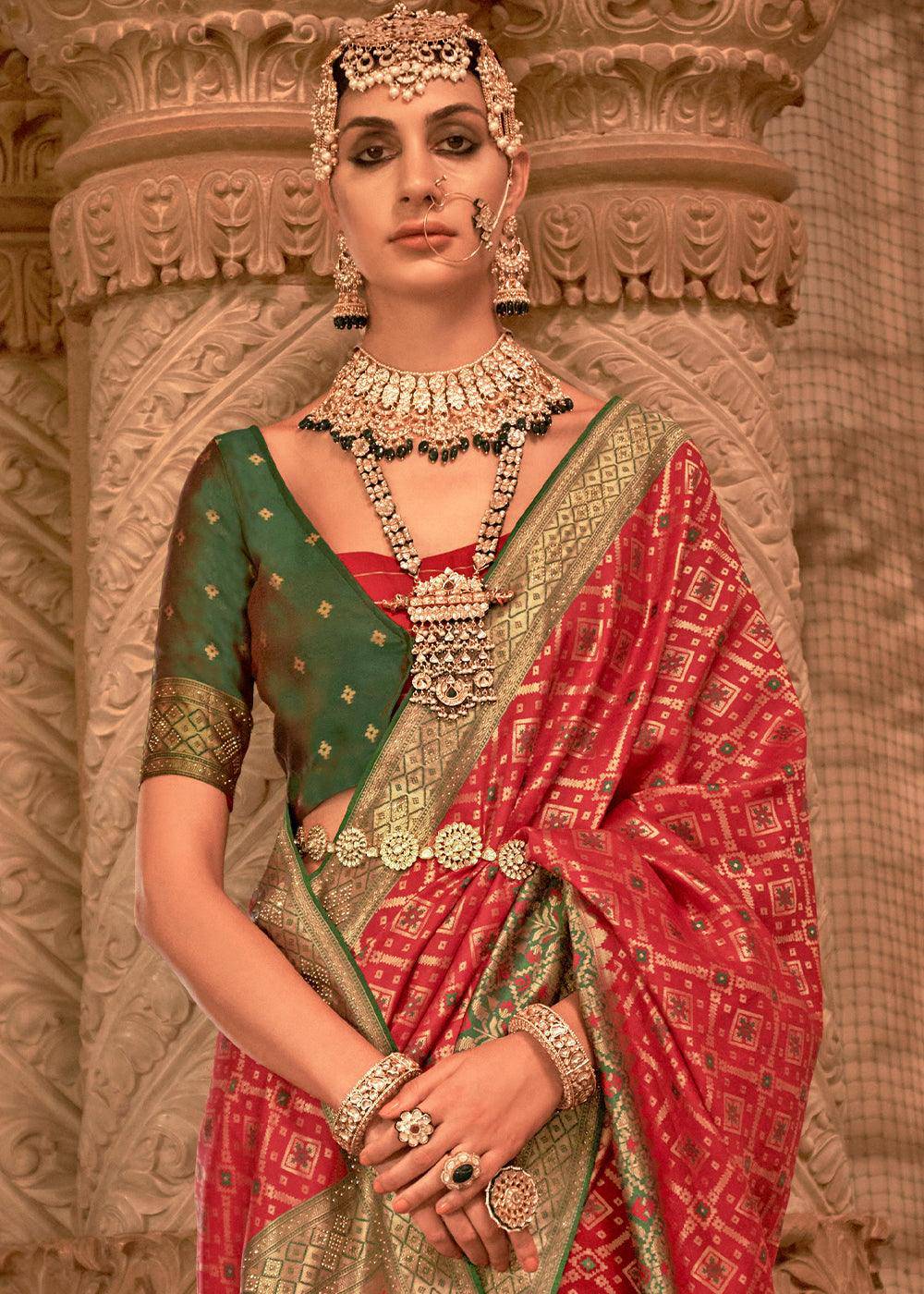 Venetian Red Banarasi Jacquard Silk Saree with Swarvoski work | Stitched Blouse - qivii