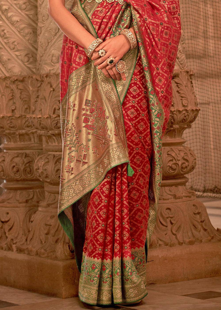 Venetian Red Banarasi Jacquard Silk Saree with Swarvoski work | Stitched Blouse - qivii