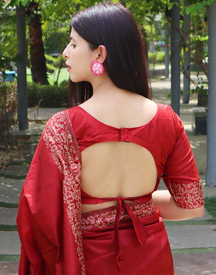 Venetian Red Handloom Raw Silk Saree | Stitched Blouse - qivii