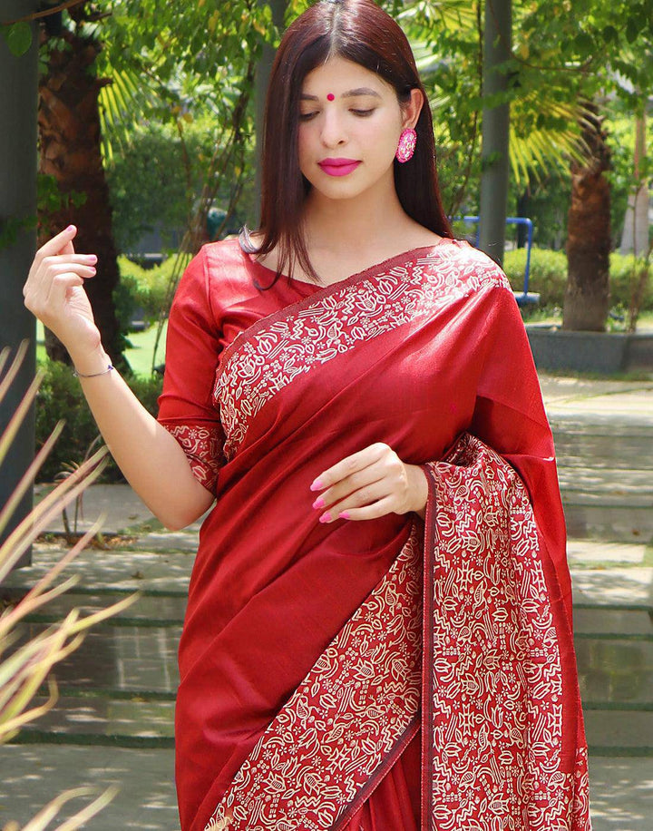 Venetian Red Handloom Raw Silk Saree | Stitched Blouse - qivii