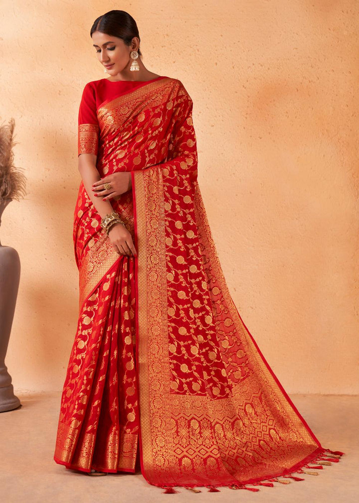 Venetian Red Woven Georgette Saree - qivii