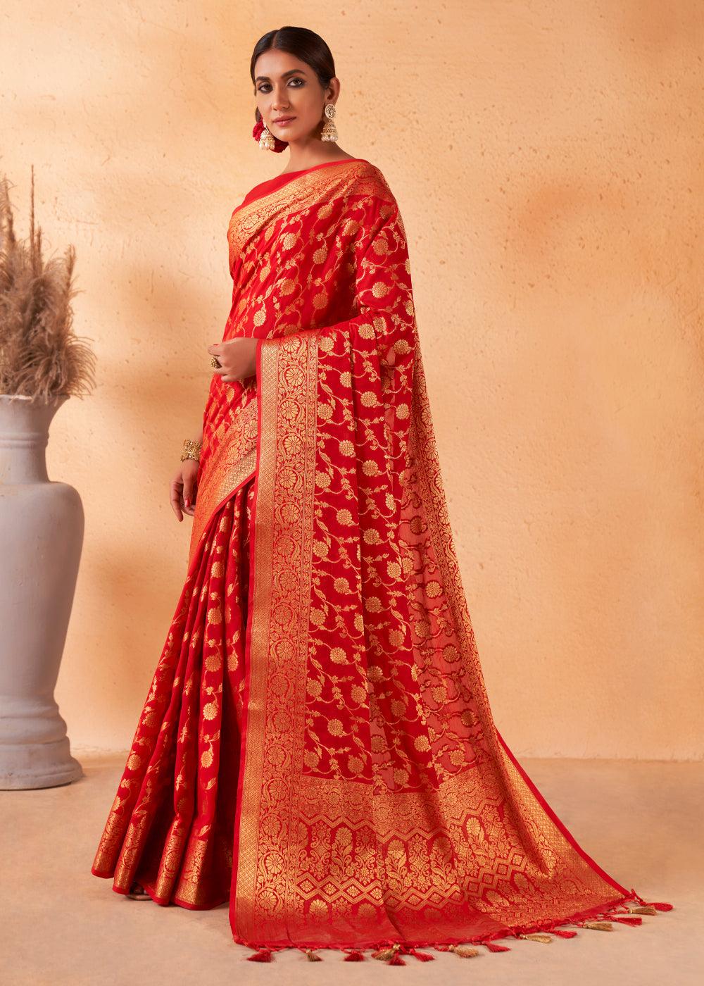 Venetian Red Woven Georgette Saree - qivii