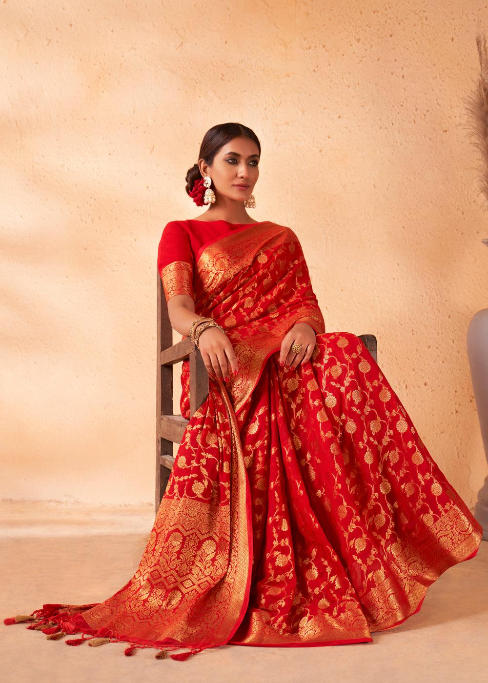 Venetian Red Woven Georgette Saree - qivii