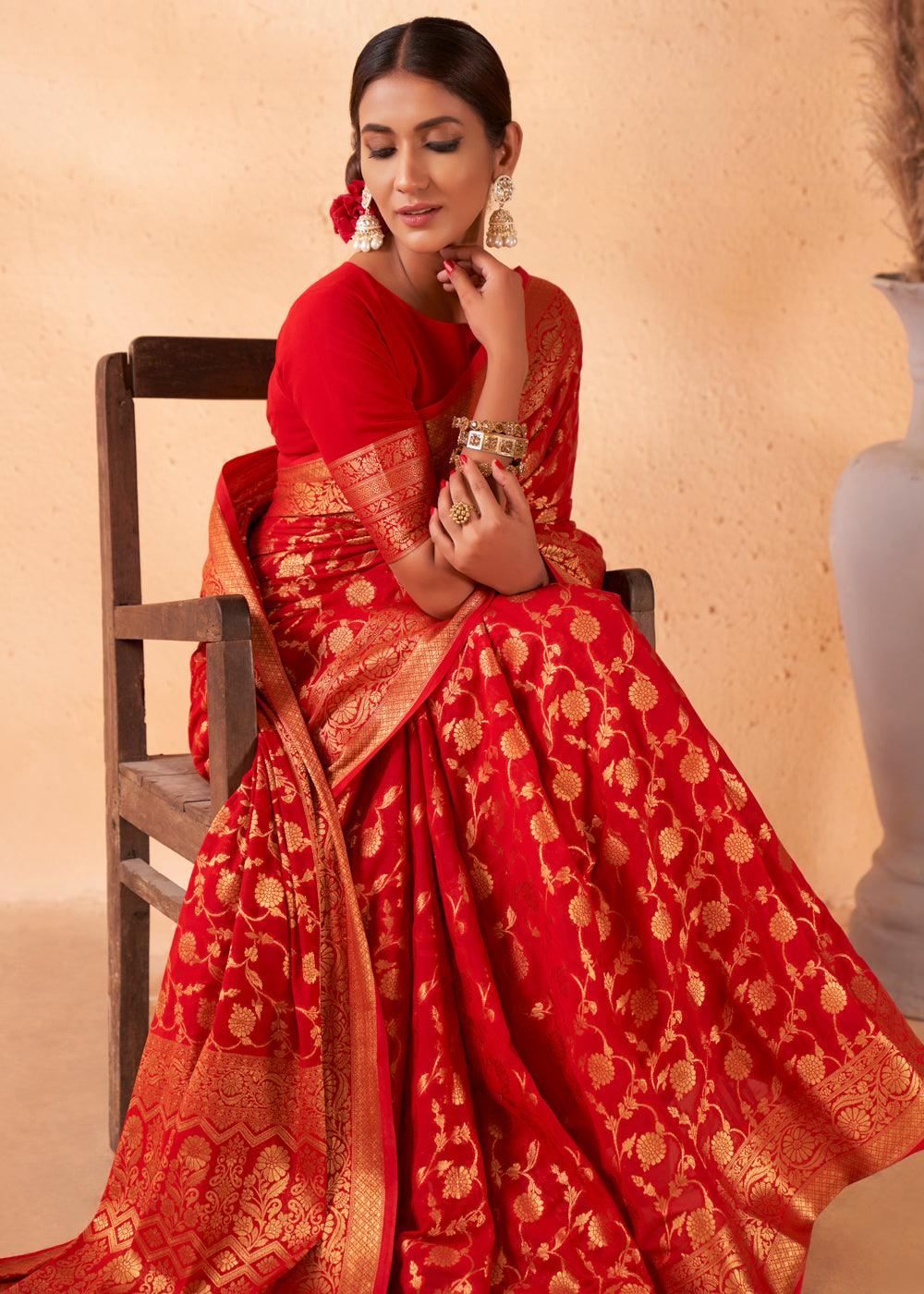 Venetian Red Woven Georgette Saree - qivii