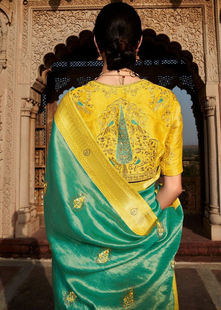 Verdigris Blue Woven Banarasi Silk Saree with Embroidered Blouse | Stitched Blouse - qivii