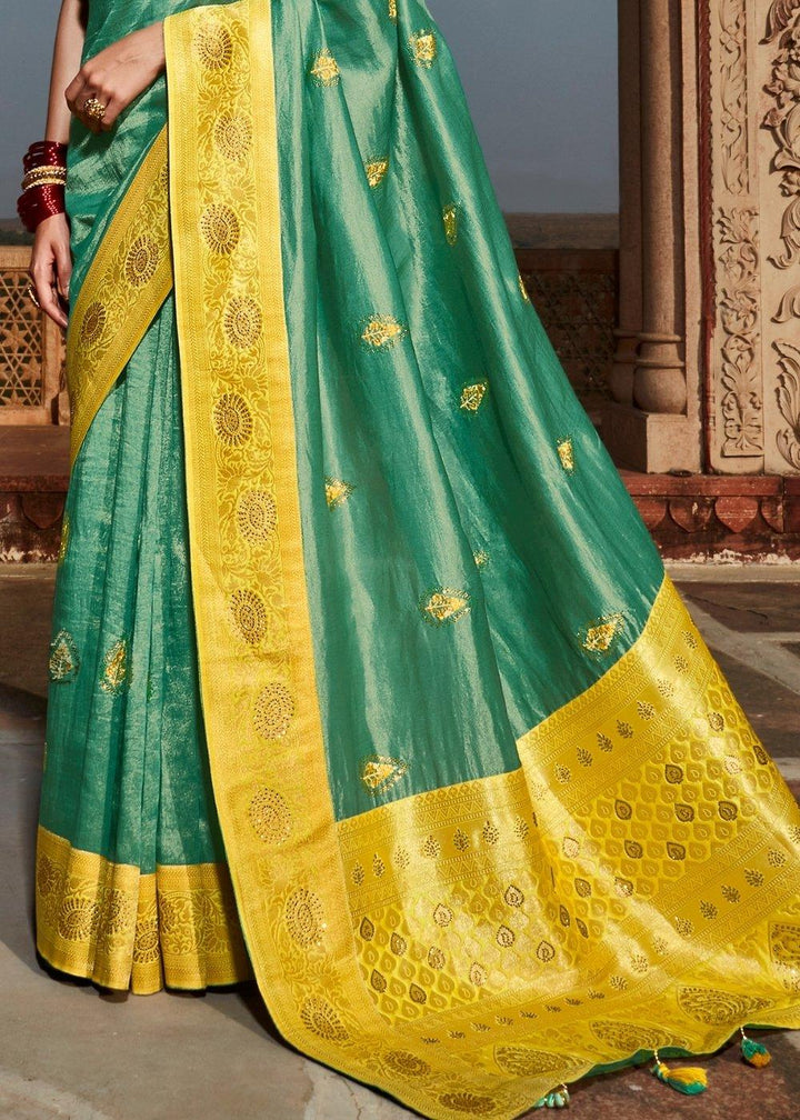 Verdigris Blue Woven Banarasi Silk Saree with Embroidered Blouse | Stitched Blouse - qivii