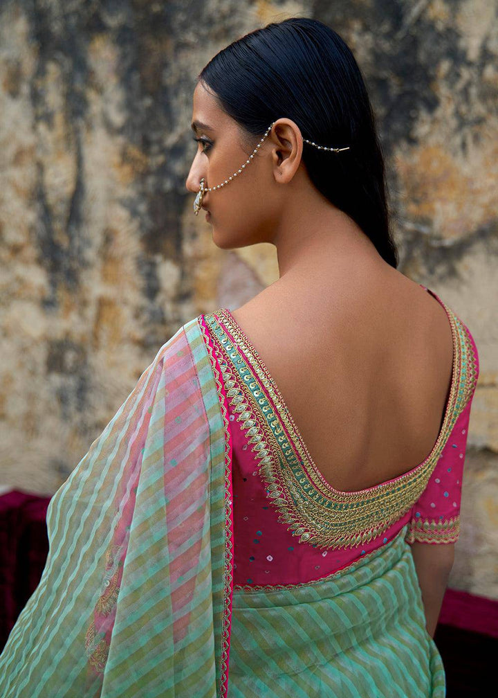 Verdigris Blue Zari Weaving Organza Saree with Embroidered Blouse | Stitched Blouse - qivii