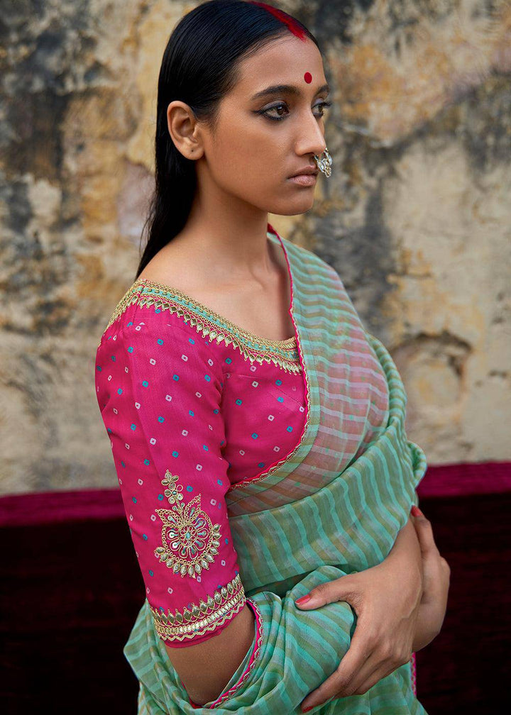 Verdigris Blue Zari Weaving Organza Saree with Embroidered Blouse | Stitched Blouse - qivii