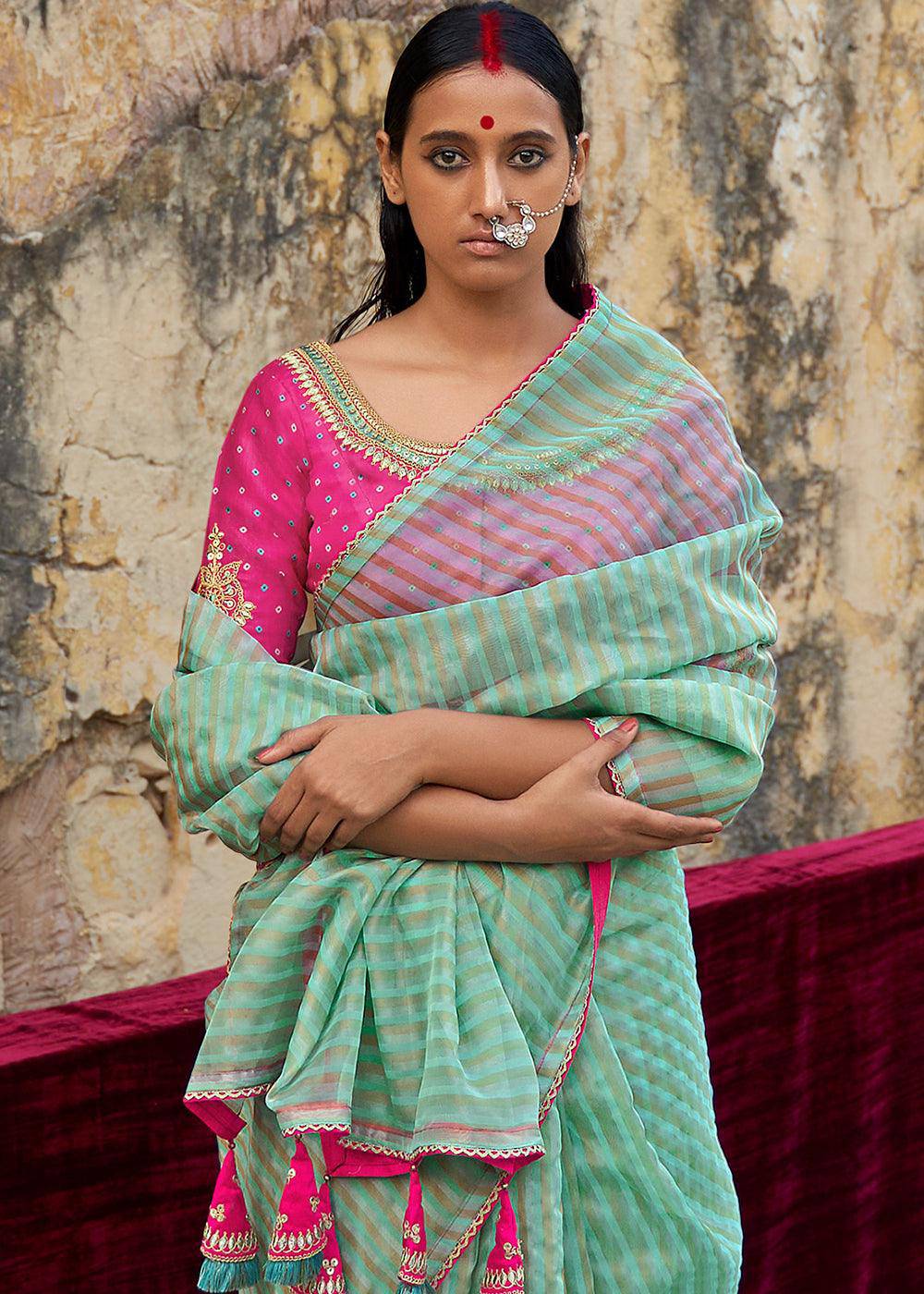 Verdigris Blue Zari Weaving Organza Saree with Embroidered Blouse | Stitched Blouse - qivii