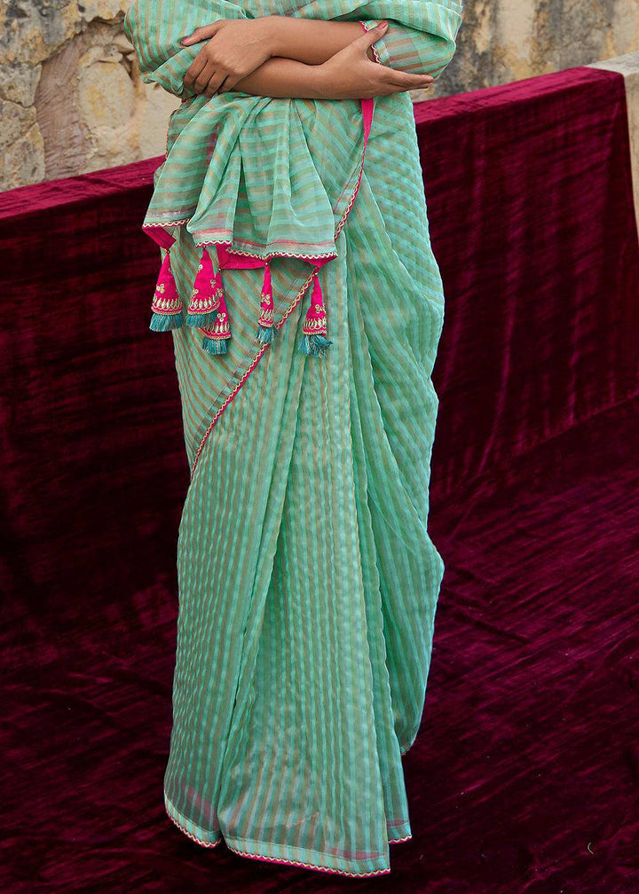 Verdigris Blue Zari Weaving Organza Saree with Embroidered Blouse | Stitched Blouse - qivii