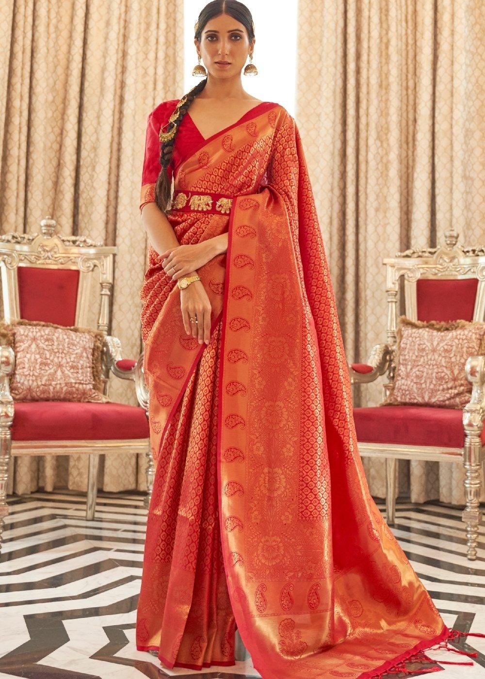 Vermilion Red Zari Woven Kanjivaram Silk Saree with Tassels on Pallu | Stitched Blouse - qivii