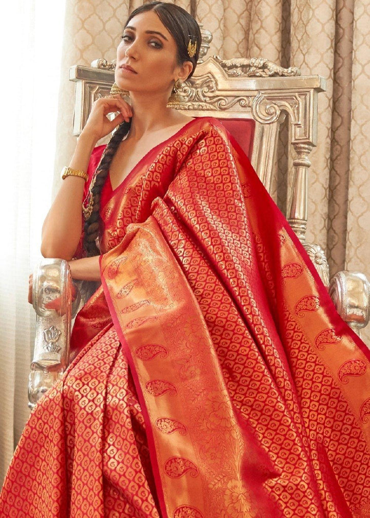 Vermilion Red Zari Woven Kanjivaram Silk Saree with Tassels on Pallu | Stitched Blouse - qivii