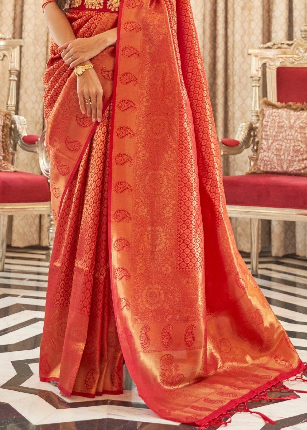 Vermilion Red Zari Woven Kanjivaram Silk Saree with Tassels on Pallu | Stitched Blouse - qivii