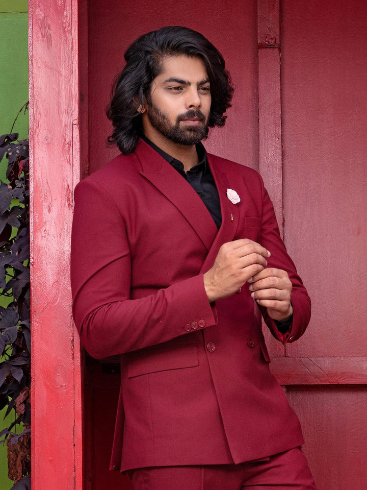 Versatile Maroon Color Men's Double Breasted Blazer