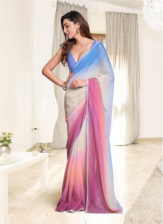 Vibrant Multi Color Georgette Saree with Digital Print  - By Kreeva