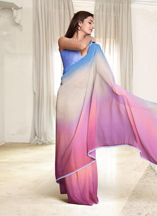 Vibrant Multi Color Georgette Saree with Digital Print  - By Kreeva