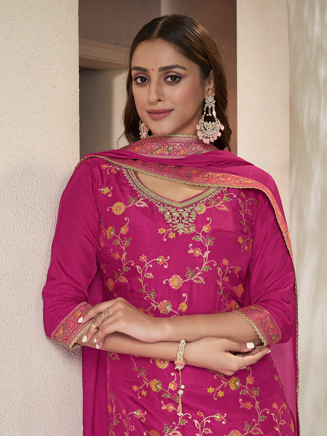 Pink Dola Silk Sharara Suit Set with Floral Meena Jacquard Work - qivii