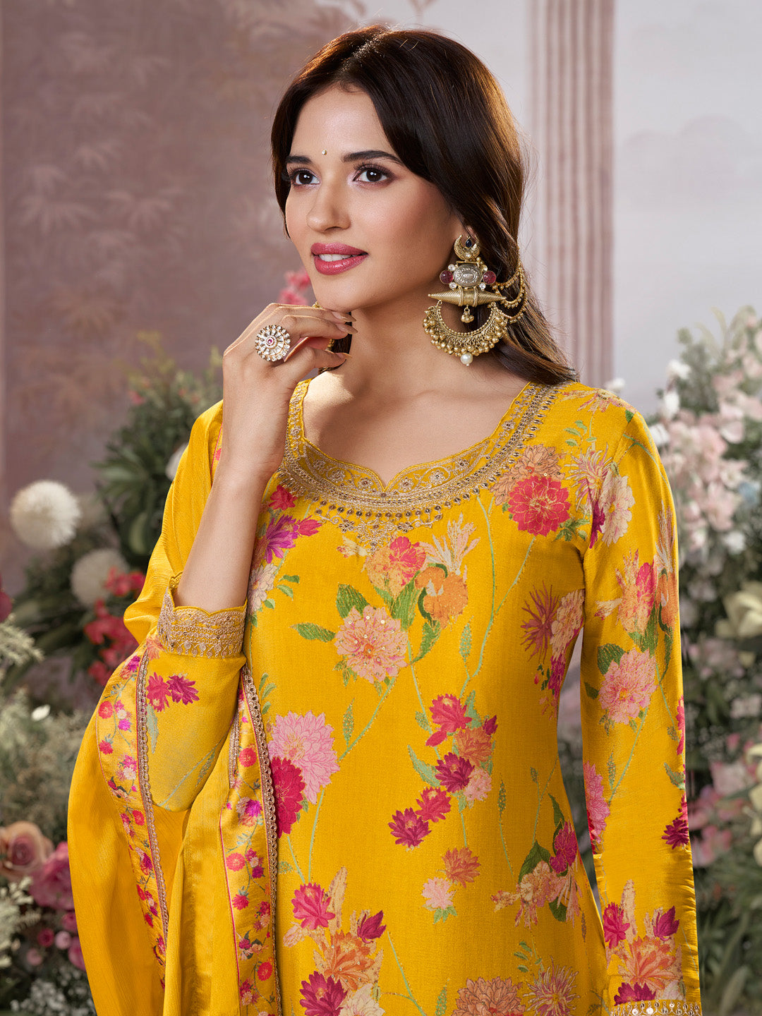 Yellow Chinon Sharara Suit Set with Floral Print and Embroidery Work - qivii