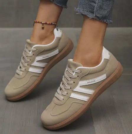 Violet women's lace-up orthopedic sneakers by Hudson Ridge, featuring supportive design and stylish taupe accents.