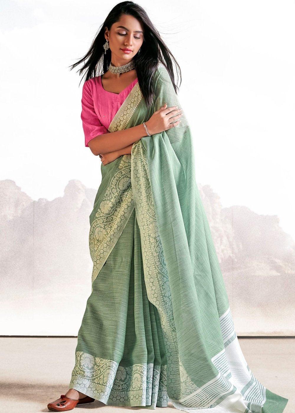 Viridian Green Soft Linen Silk Saree with Lucknowi work and Sequence Blouse | Stitched Blouse - qivii