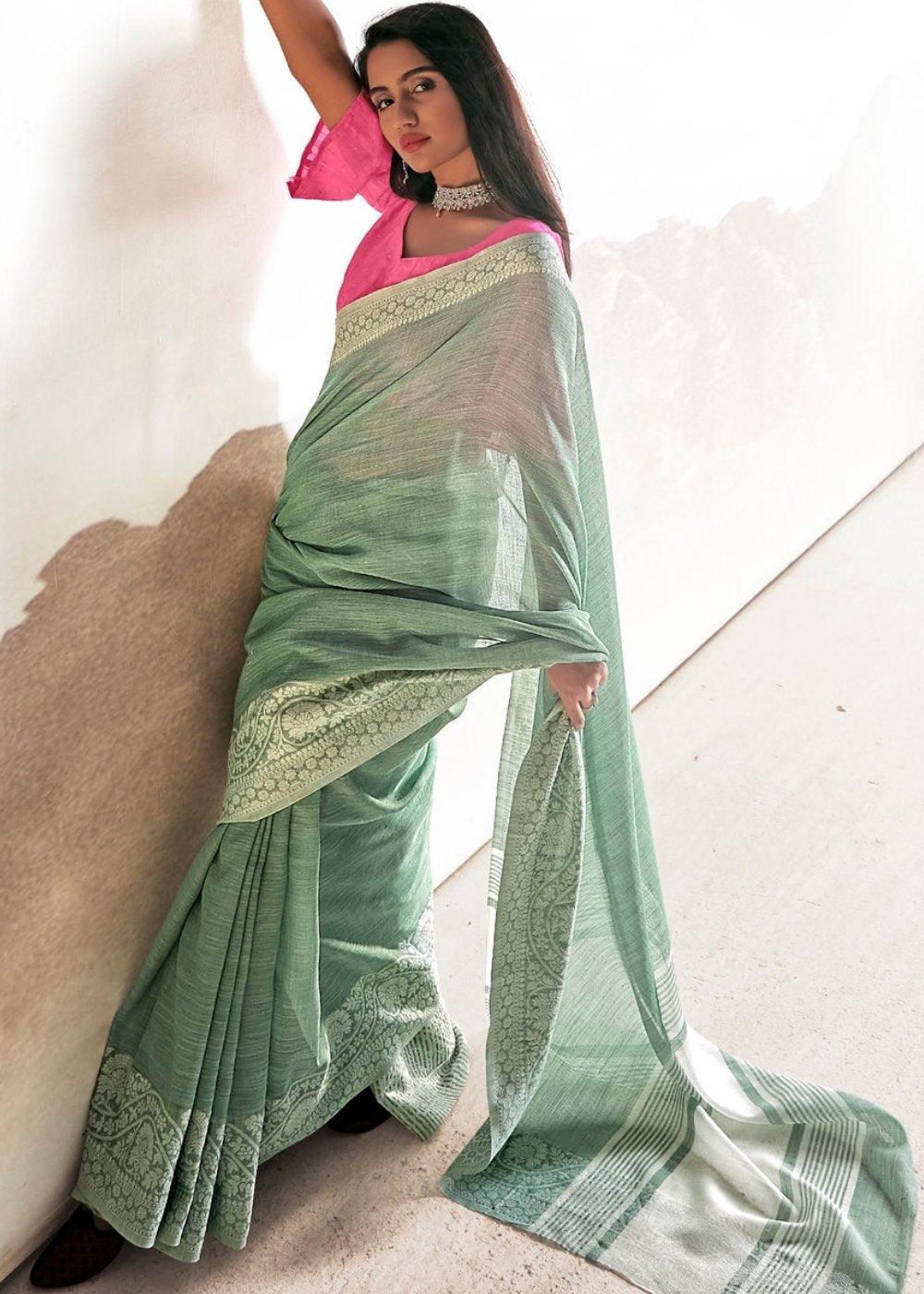 Viridian Green Soft Linen Silk Saree with Lucknowi work and Sequence Blouse | Stitched Blouse - qivii