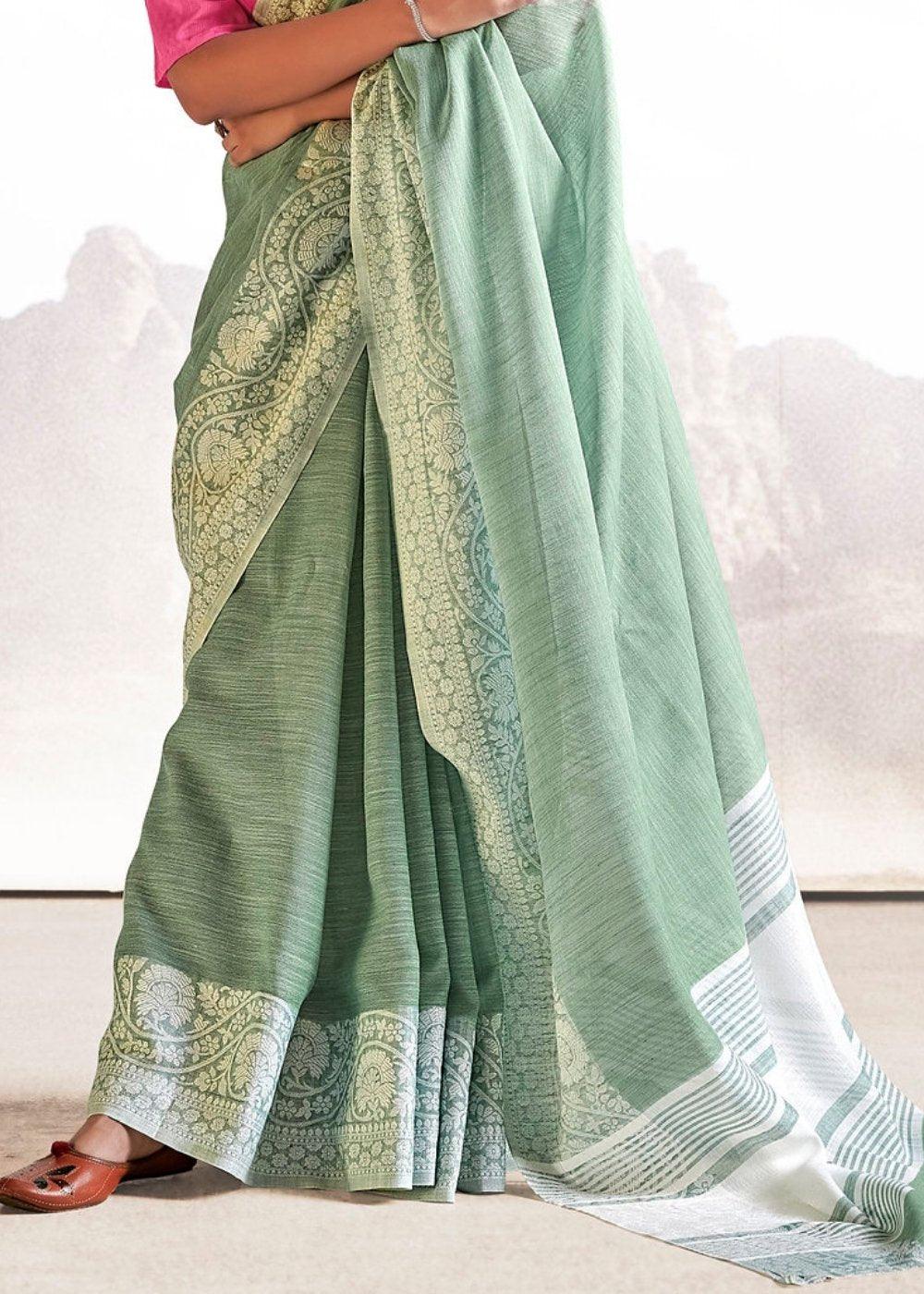 Viridian Green Soft Linen Silk Saree with Lucknowi work and Sequence Blouse | Stitched Blouse - qivii