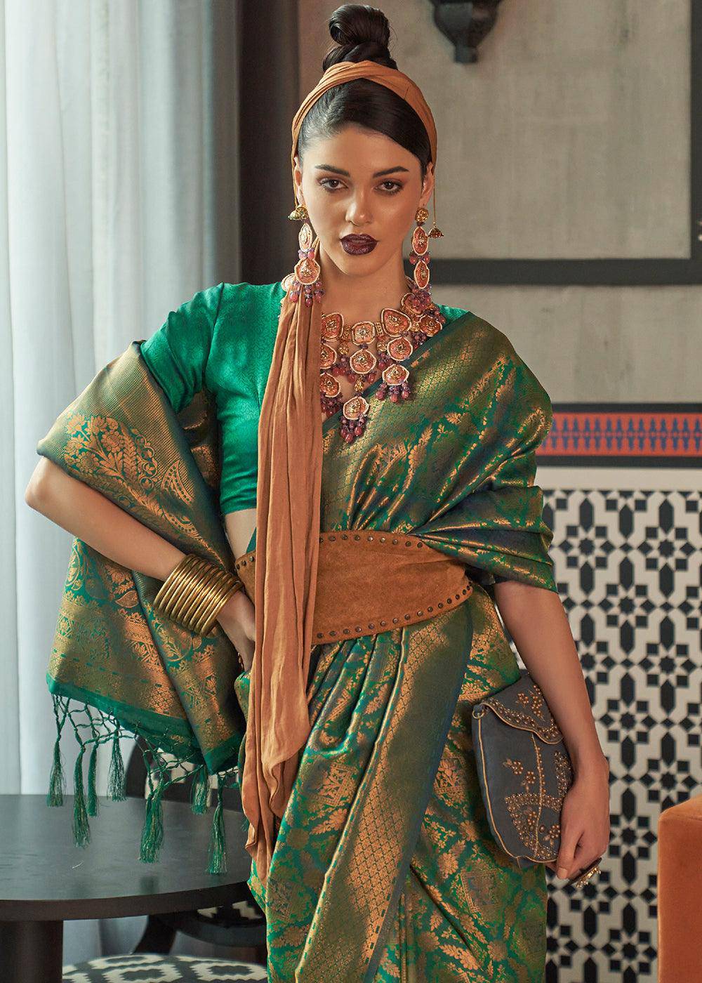 Viridian Green Two Tone Handloom Weaving Banarasi Silk Saree | Stitched Blouse - qivii