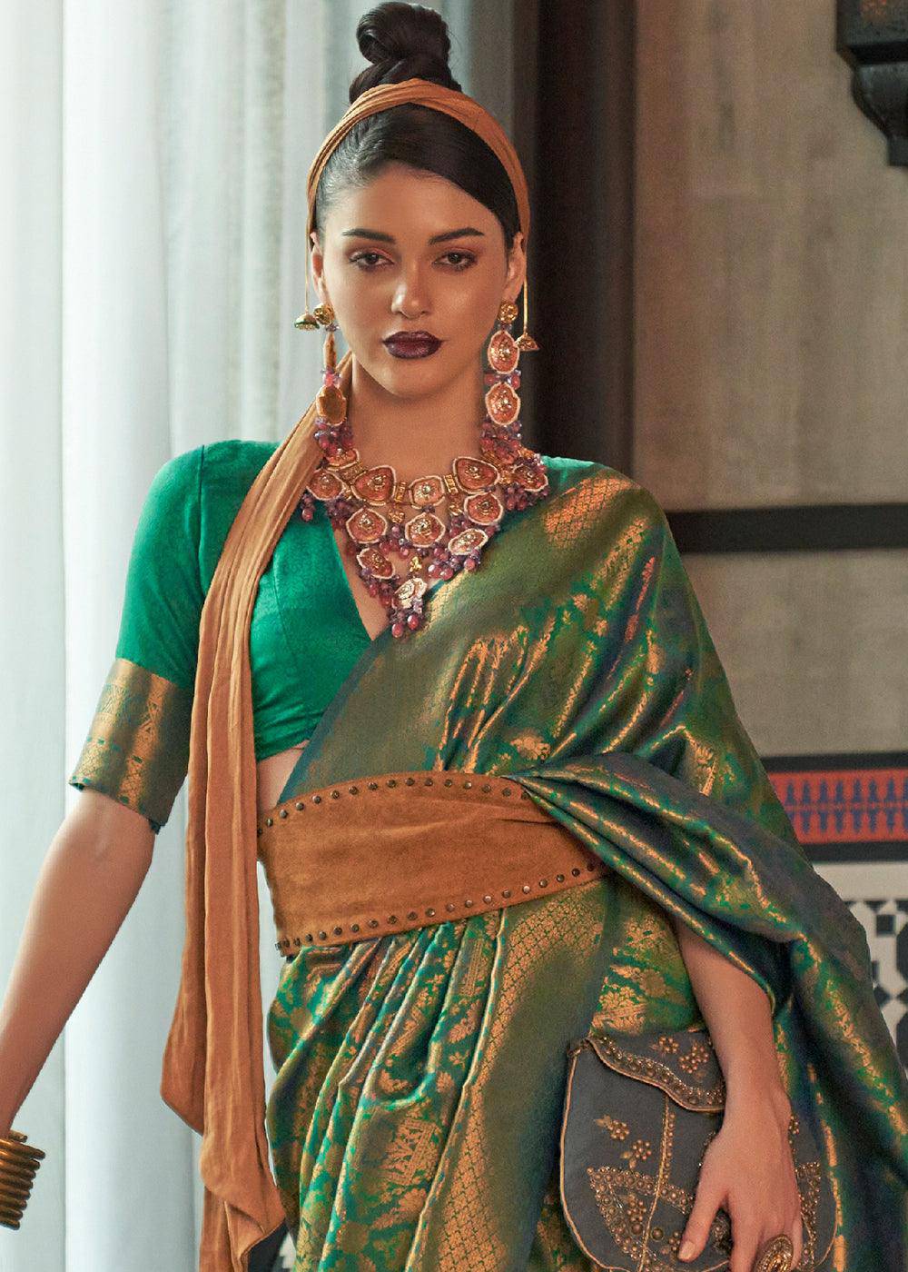 Viridian Green Two Tone Handloom Weaving Banarasi Silk Saree | Stitched Blouse - qivii