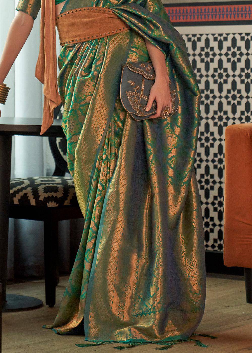 Viridian Green Two Tone Handloom Weaving Banarasi Silk Saree | Stitched Blouse - qivii