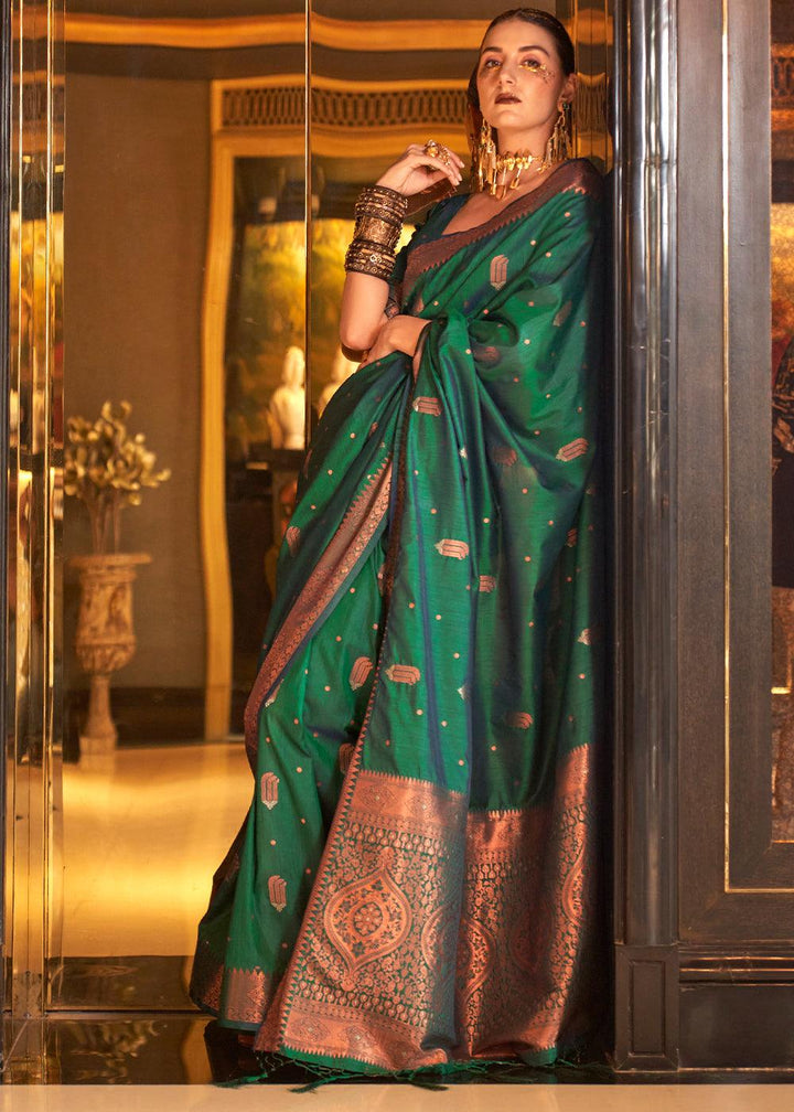 Viridian Green Zari Woven Banarasi Silk Saree - qivii