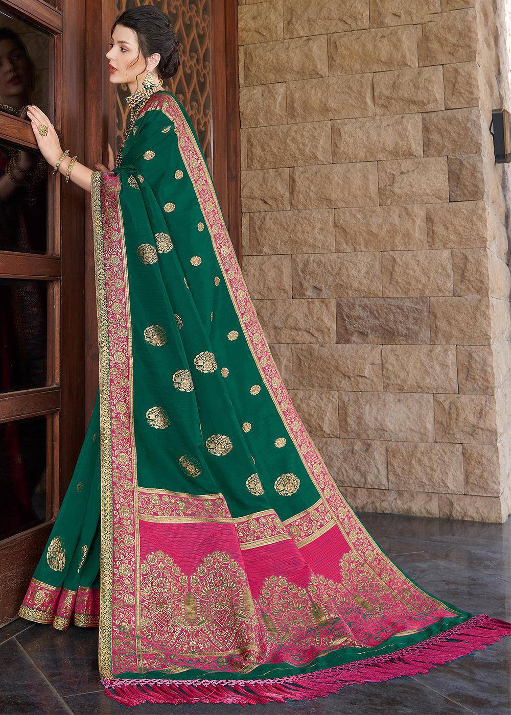 Viridian Green Zari Woven Banarasi Silk Saree with Brocade Blouse | Stitched Blouse - qivii